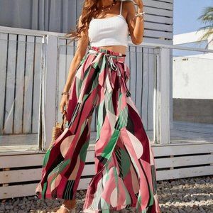 boho Crop Cami Top & Geo Print Slit Thigh Belted Wide Leg Pants